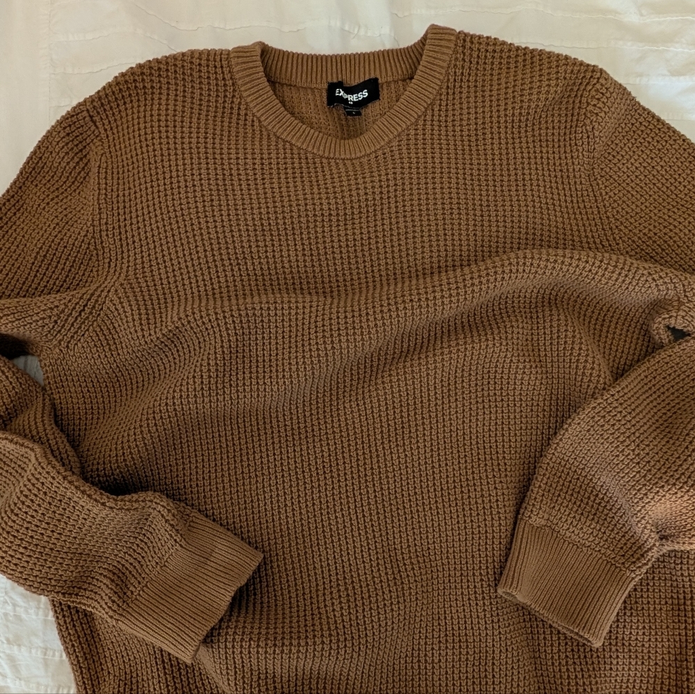 Express 100% Cotton Medium Knit Crewneck Sweater Mocha Brown Size Large - Picture 3 of 6